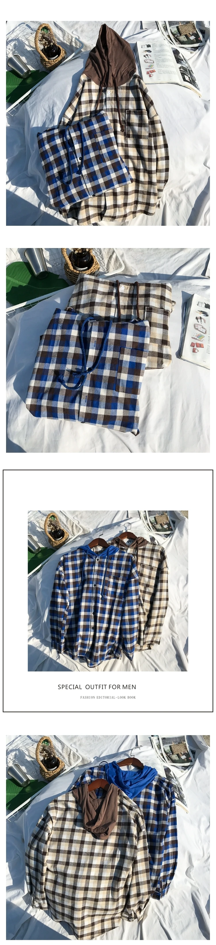 Осенняя Новая мужская клетчатая рубашка модная повседневная рубашка с капюшоном в стиле ретро Мужская Уличная Свободная рубашка с