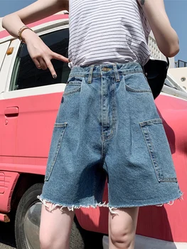 

Blue Denim Shorts Women's Summer New Loose Wide Leg High Waist Korean Straight Short Women Plus Size Casual Spodenki Damskie