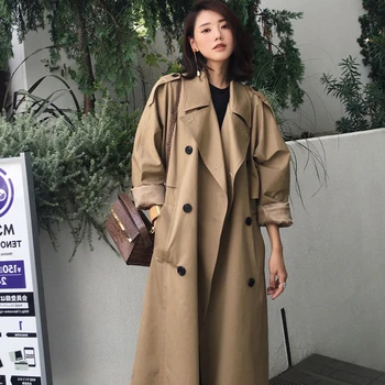 

khaki Trench Coat Casual women's long Outerwear loose clothes for lady with belt spring autumn fashion high quality army green