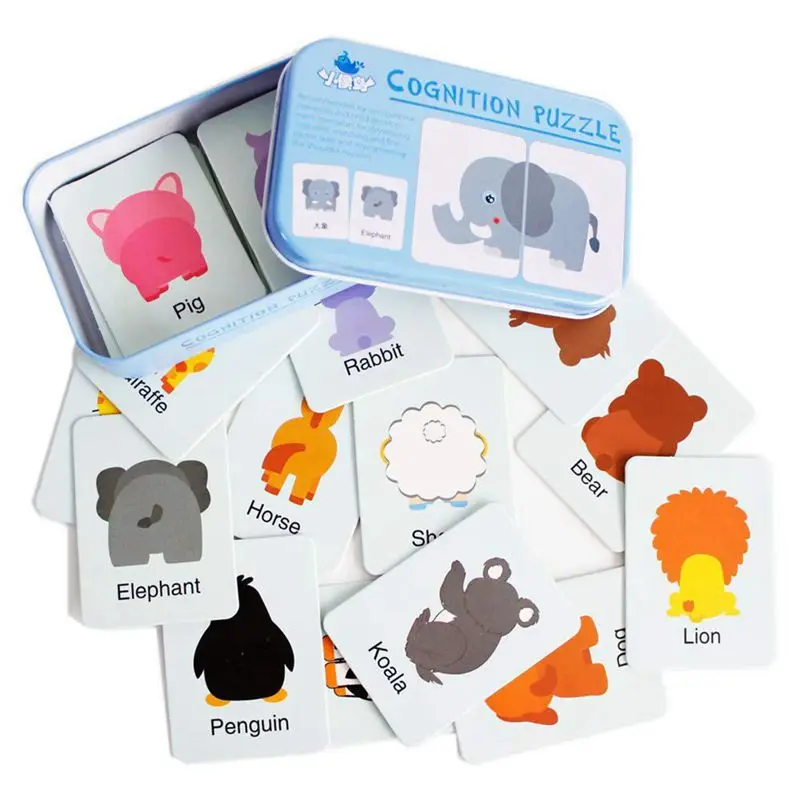 BabyPrice 32pcs Anti-Tear Flash Cards Learning Alphabet Puzzle Cards Jigsaw Shape Matching Puzzle Cognitive Early Educational Learning Toys with Mental Storage Box