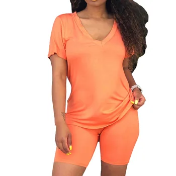 

Women Short Sleeves Solid Color Casual Bodycon Stretch T-shirt Short Pants Set -MX8