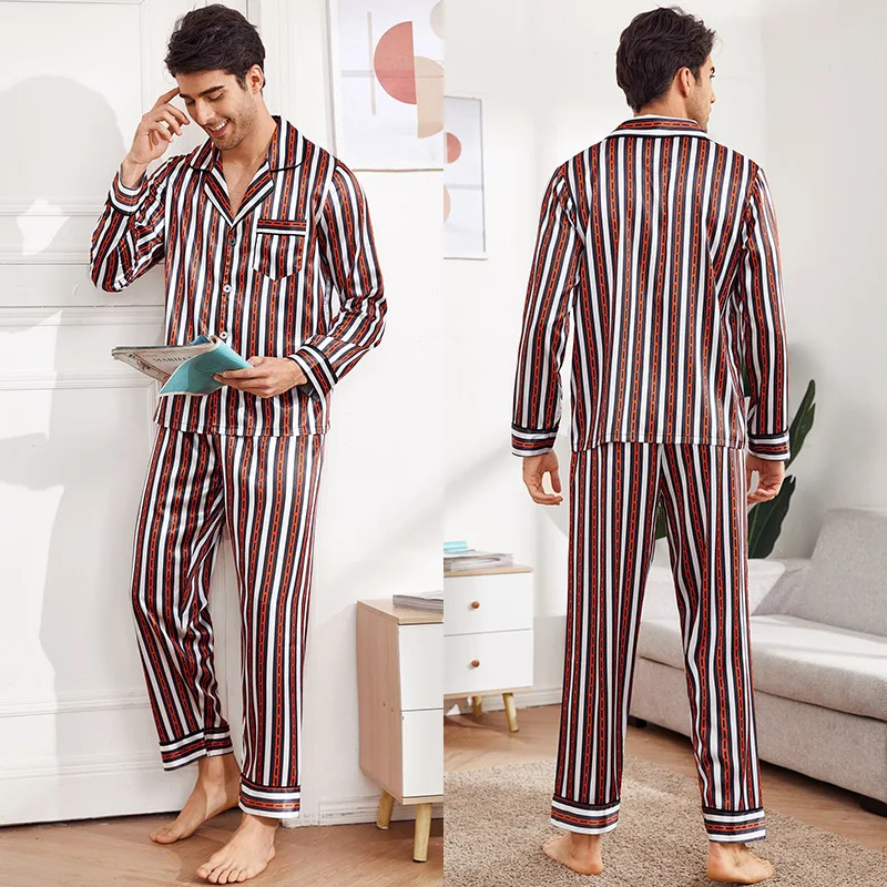 mens cotton pajama pants New Ice Silk Pajamas Men's Summer Long Sleeves And Trousers Cross Border Silk Home Clothes Large Suit Men's red silk pajamas Men's Sleep & Lounge