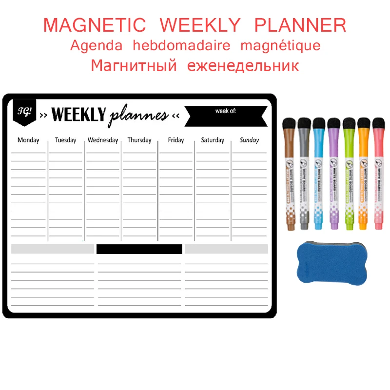 Magnetic Weekly Monthly Work Planner Wall Sticker Fridge Magnet Writing Drawing Memo Schedule Erasable Penboard Black Whiteboard |