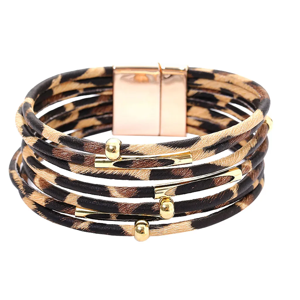 

Fashion Trendy Magnetic Multilayer Leopard Ladies Leather Bracelet Jewelry Gift Bohemian Retro 7 Roots Chain Bracelets For Women