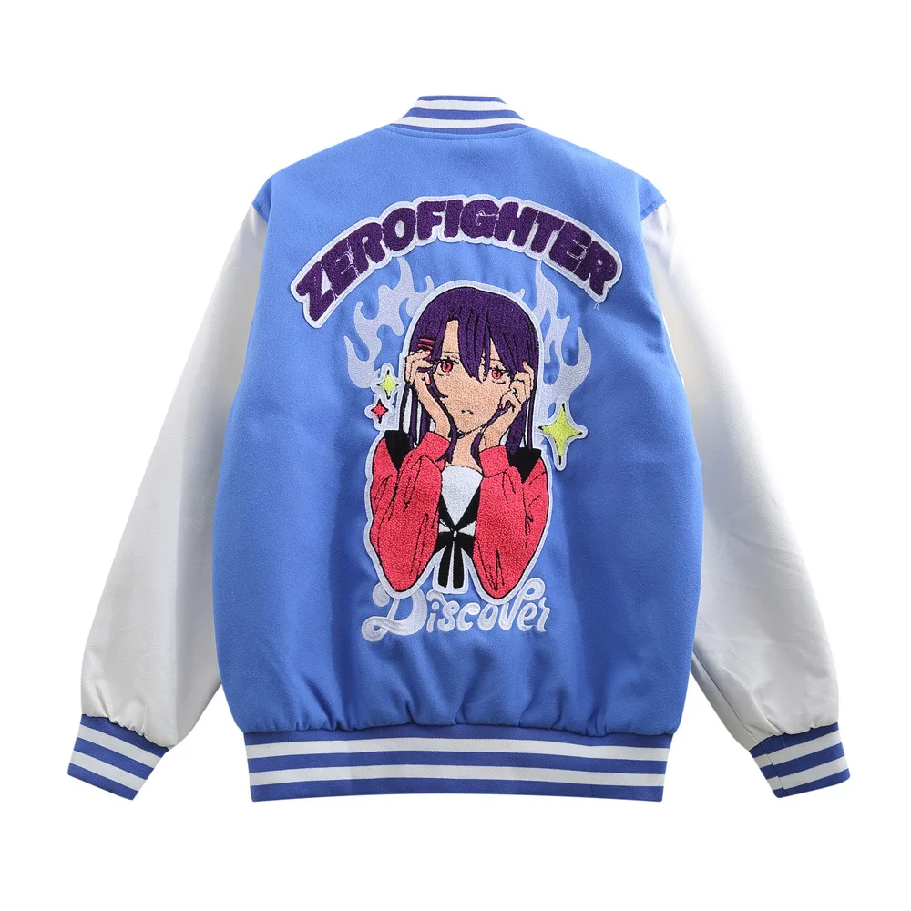 Women Harajuku Baseball Jacket Cartoon Flocking Embroidery Anime Girl