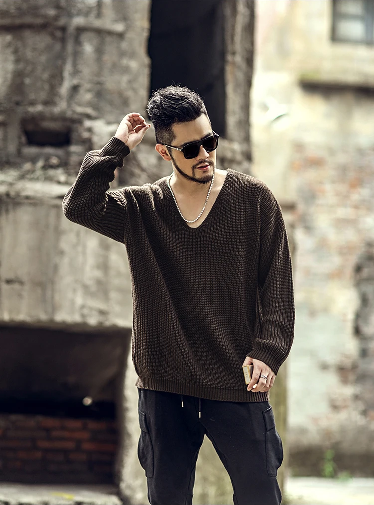 autumn winter men's Pullover thick needle deep V-neck loose sweater oversize Pullover Sweater j6001 black sweater with zipper