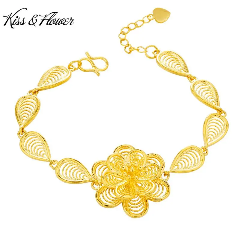 

KISS&FLOWER BR215 Fine Jewelry Wholesale Fashion Woman Girl Bride Birthday Wedding Gift Hollow Rose Flowers 24KT Gold Bracelet