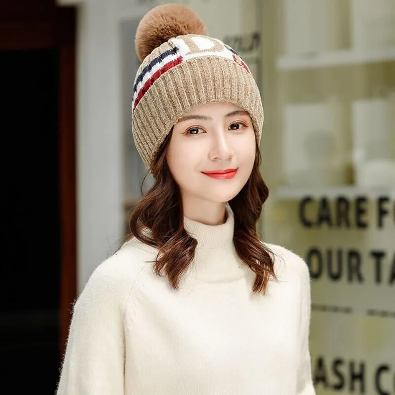 Новая брендовая новая зимняя шапка женская теплая шапка Skullies Beanie шапки Леди буква из флиса вязаная шляпа нагрудник женские наборы для езды на велосипеде 2 шерстяные шапки - Цвет: Hat khaki