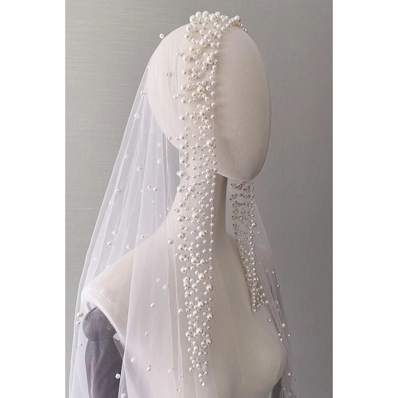 Bridal Veil Trailing Cathedral One-Layer Pearl Beading Headpiece