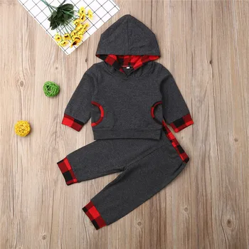 

2019 Autumn Baby Boys Clothes Long Sleeve Hooded Sweater For Boys Set Gray Plaid Long Pants Outfits Boys Set Children Tracksuits