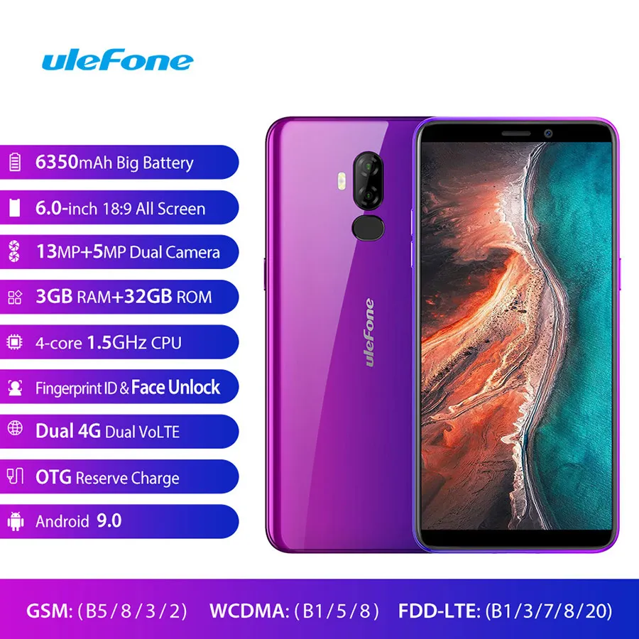 

Ulefone P6000 Plus Android 9.0 6350mAh Smartphone 6.0inch Face ID HD+ Dual Camera Ouad Core 3GB 32GB Face ID4G LTE Mobile phone