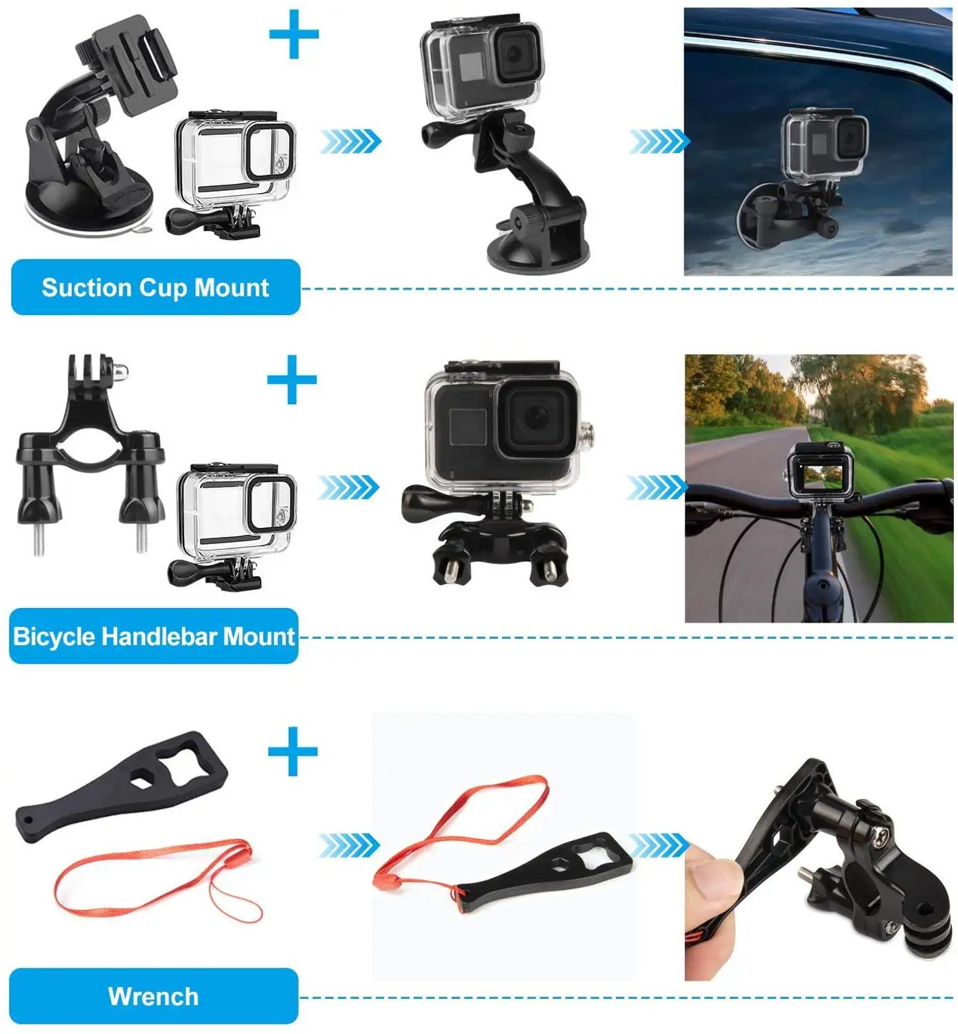 Комплект аксессуаров для GoPro Hero 8 черный, водонепроницаемый корпус/Чехол/Фильтры/нагрудный ремень на голову/крепление на присоске/крепление для велосипеда
