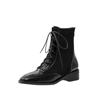 

Genuine leather lace up Women's Ankle Boots Platform square Toe Thick Heels Pumps Newest Wedding Party Shoes Woman Heels