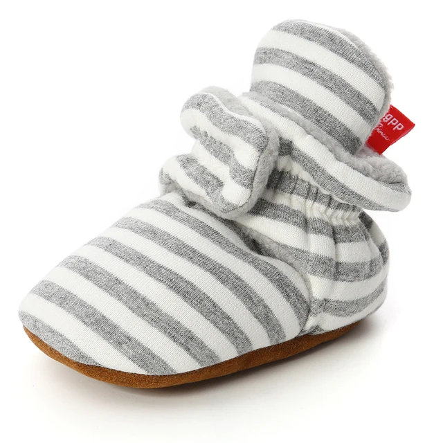 Newborn Baby Socks Shoes Boy Girl Star Toddler First Walkers Booties Cotton Comfort Soft Anti-slip Warm Infant Crib Shoes stripe light grey