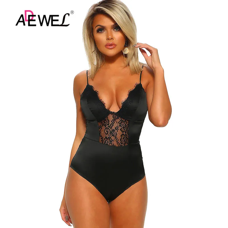 ADEWEL New Black Satin Short Sleeve Women Bodysuits Underwire Body Suit Lace Hollow Out Bodysuit - Color: Black