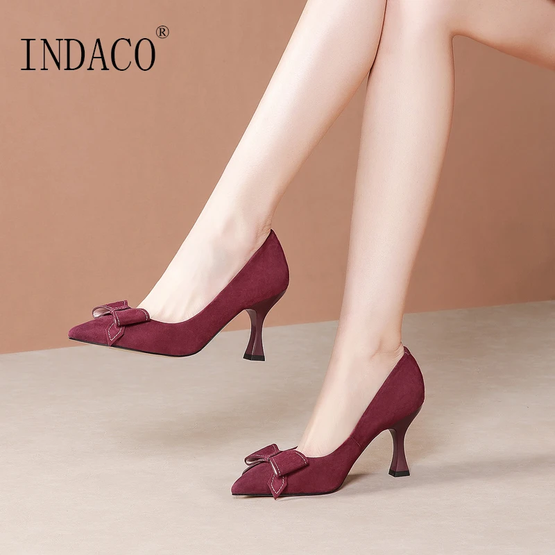 

Red Wine Bowties High Heel Pumps 8cm Leather Fashion High Quality High Heels 2020 New