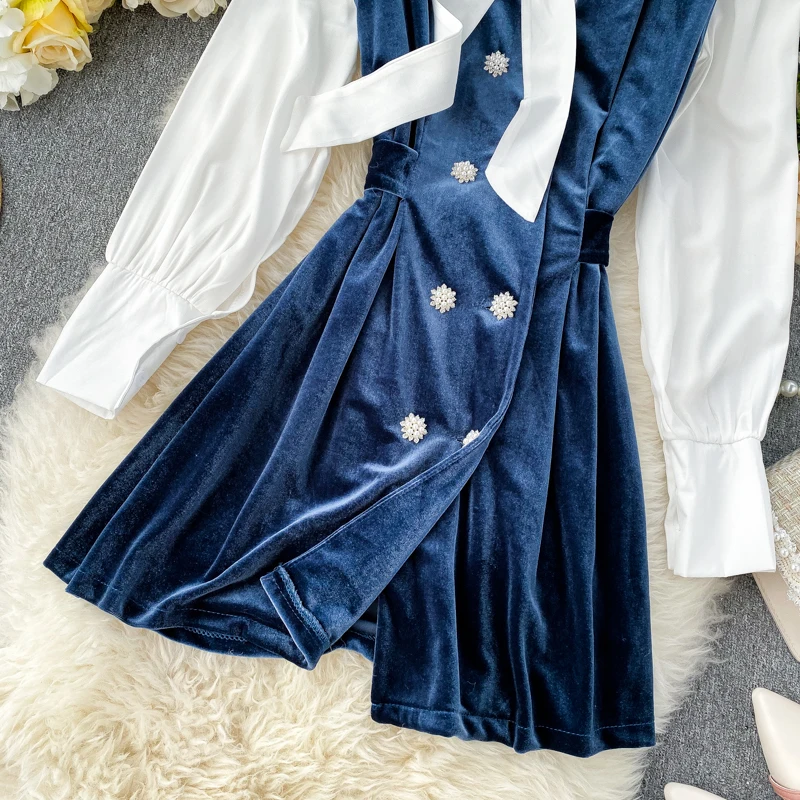 Новинка, Женская Повседневная рубашка с длинным рукавом и бантом+ двубортное приталенное вельветовое платье в британском ретро стиле, комплект из двух предметов K105