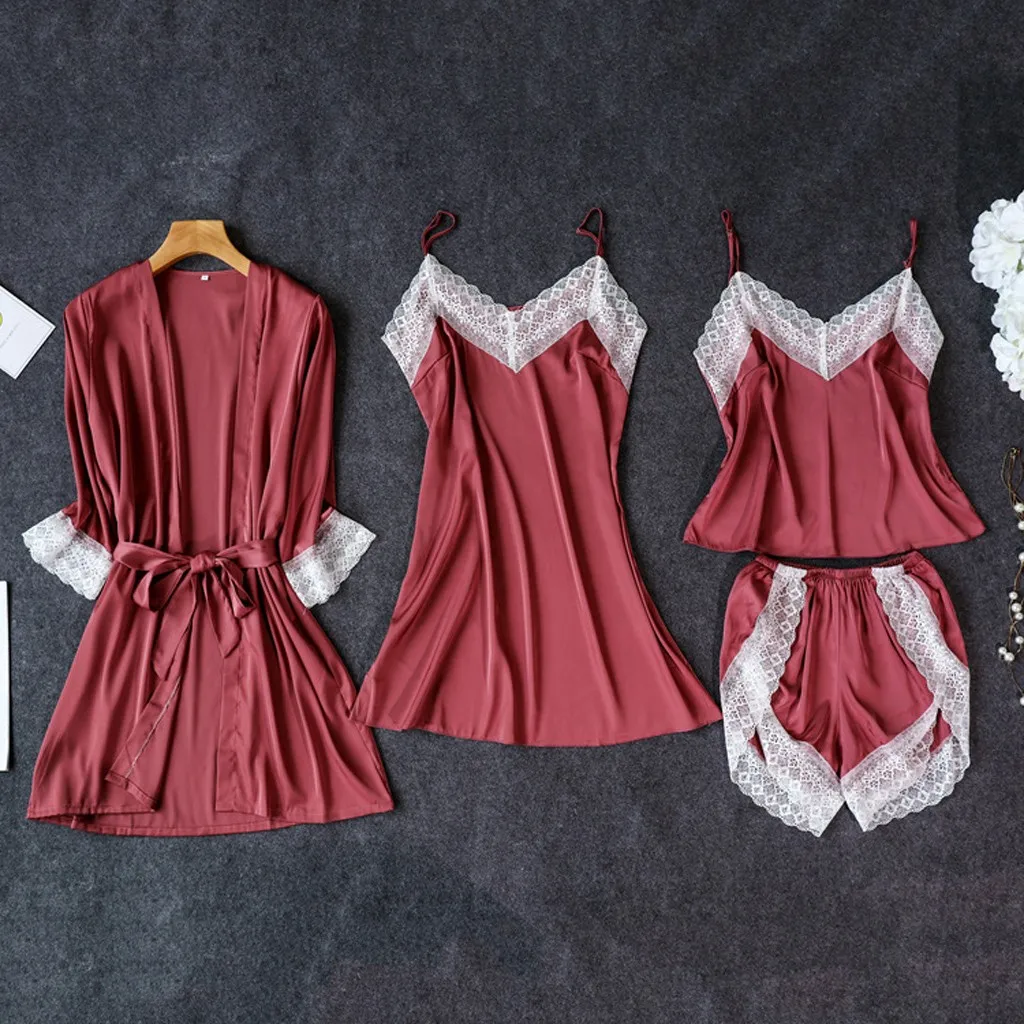 

Women Pyjamas 4PC Sexy Silk Satin Pajamas Set Female Lace Sleepwear Nightwear Sexy Lingerie Home Clothes Hot Sleep Lounge Pijama