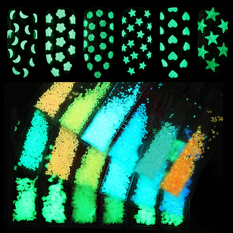 

1 Pc Luminous Nail Glitter Powder Glow In Dark Fluorescent Neon Noctilucent Pigment Dust Moon Star Sequin Nail Art Decoration