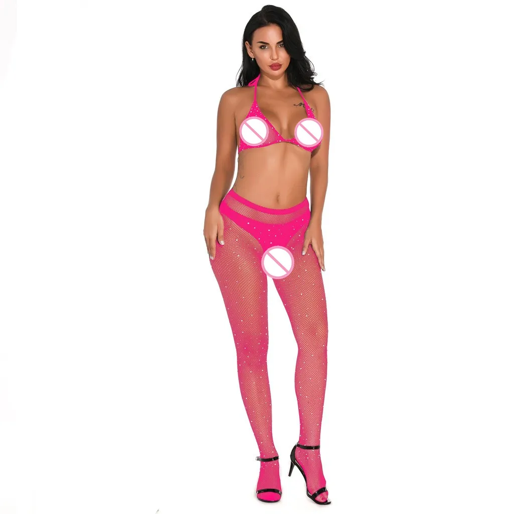 Hot Pink Сексуальное ажурное для женщин, колготки, набор чулок, модные, с дырочками, одноцветные, прозрачные, со стразами, колготки, Medias de Mujer, Лидер продаж - Цвет: Hot Pink
