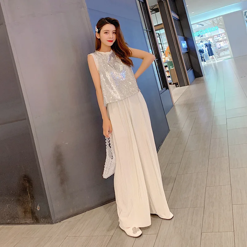 

Photo Shoot Set 2019 Summer New Style Korean-style Sequin Vest Tops + Pleated Wide-Leg Trousers Two-Piece Set F7328