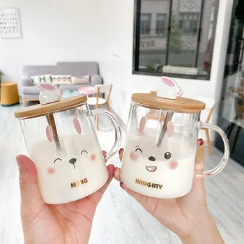 

500ML Cute Rabbit Breakfast Milk Mugs Girl Cartoon Glass Cup with Lid Spoon Student Milk Tea MugLadies Office Flower Tea Cup