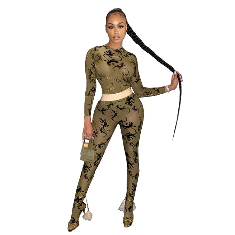 NEW Stylish 2pcs Women's Long Sleeves Printed Patchwork Bodycon Club Jumpsuit