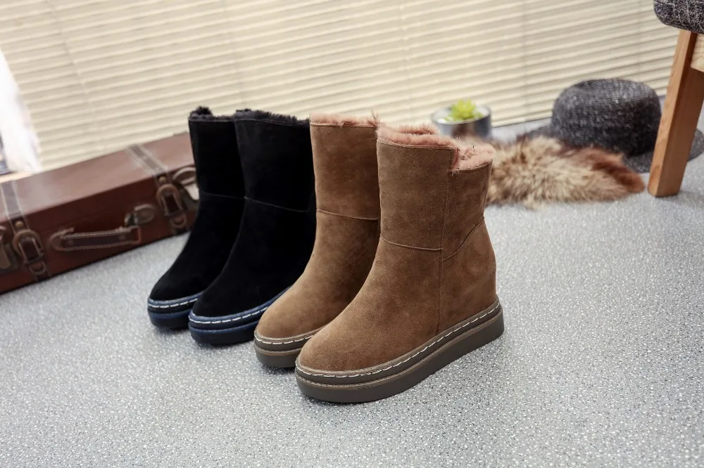 Genuine leather Increasing Fur Snow boots Wedge women Top High quality Boots Winter Boots for women Warm Botas Mujer 35-39