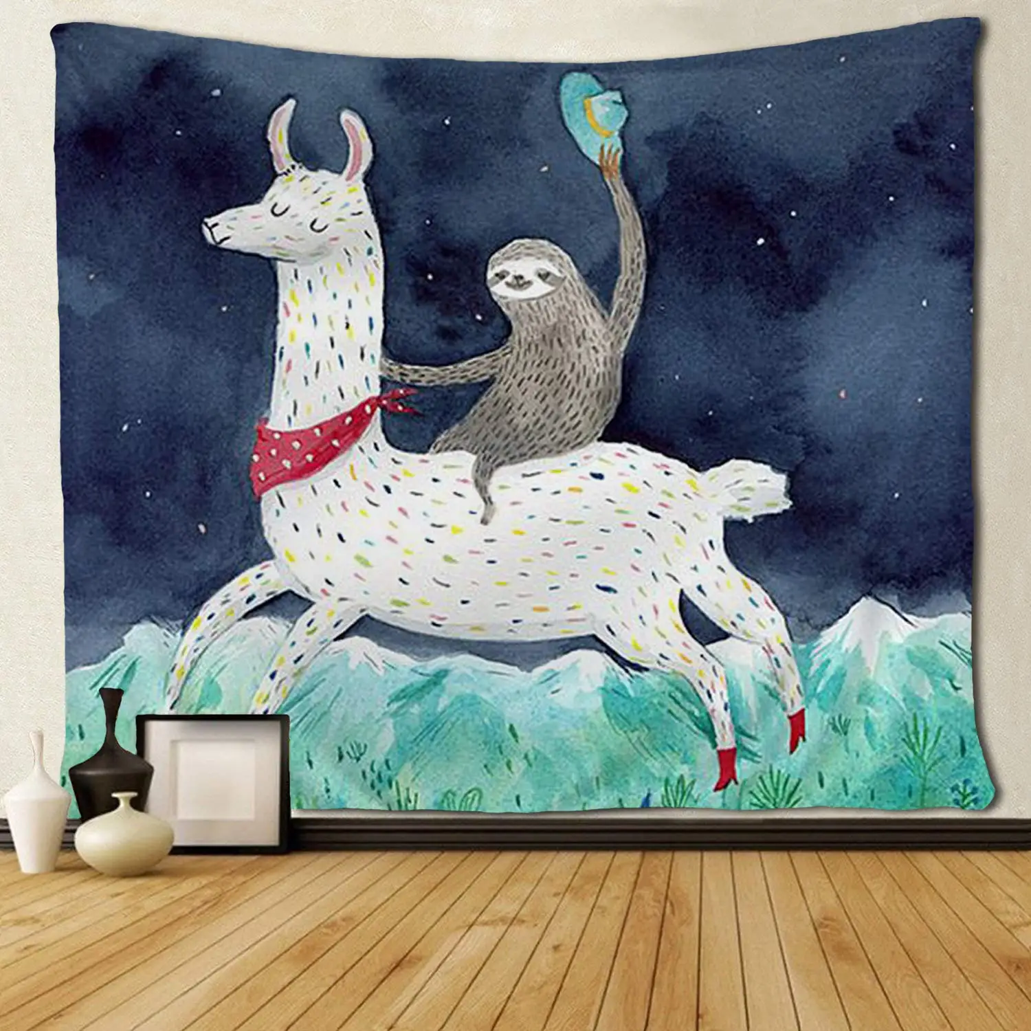 

Hippie Art Funny Sloth Ride Llama Tapestries Wall Hanging