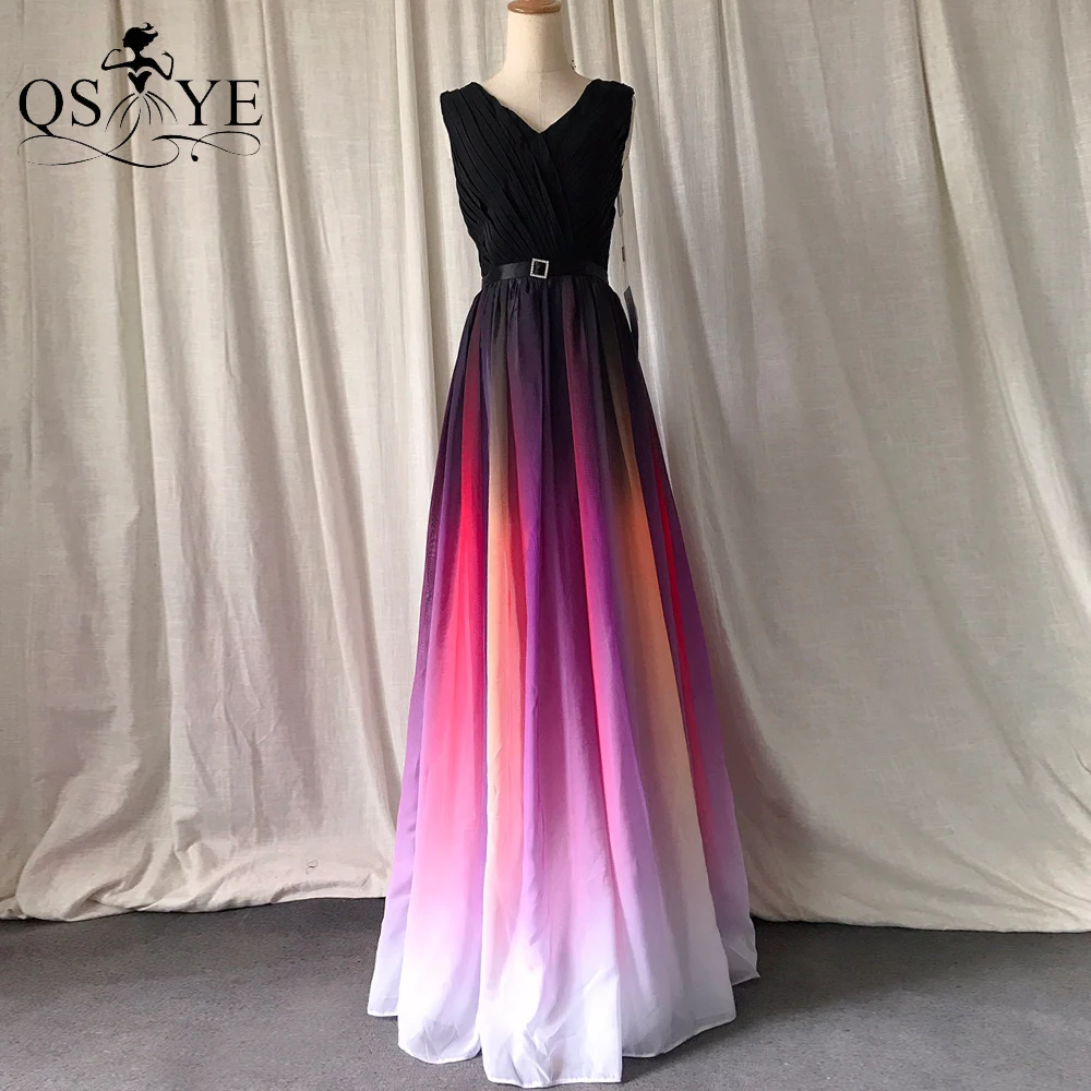 Colorful Fading Chiffon Prom Dress V Neck Black Evening Gown Lace up Party Gown Tiny Belt Ruched Sleeveless Women Formal Dress pretty prom dresses