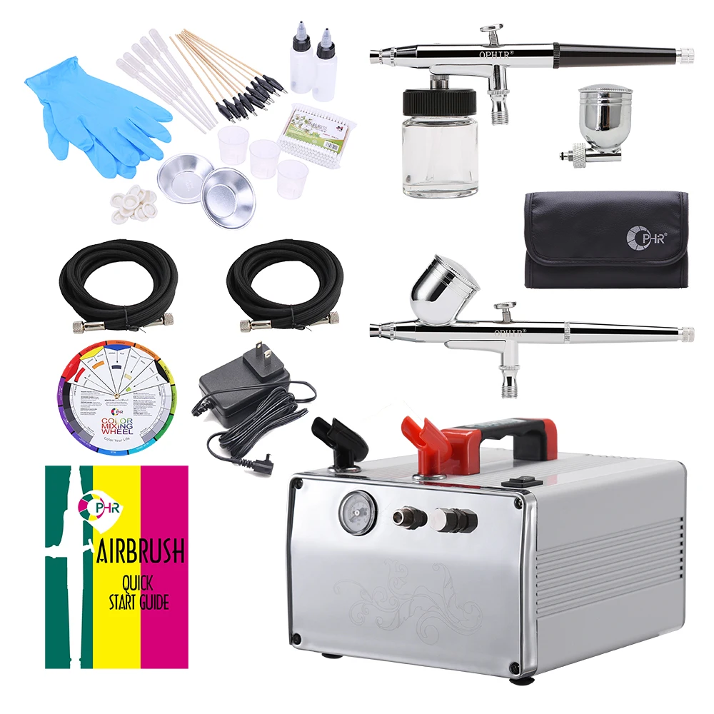 OPHIR 2-Airbrush Kit Dual Action Gravity Paint Gun Compressor Set DC 12V & Color Wheel & Accessories Kit for Model Hobby