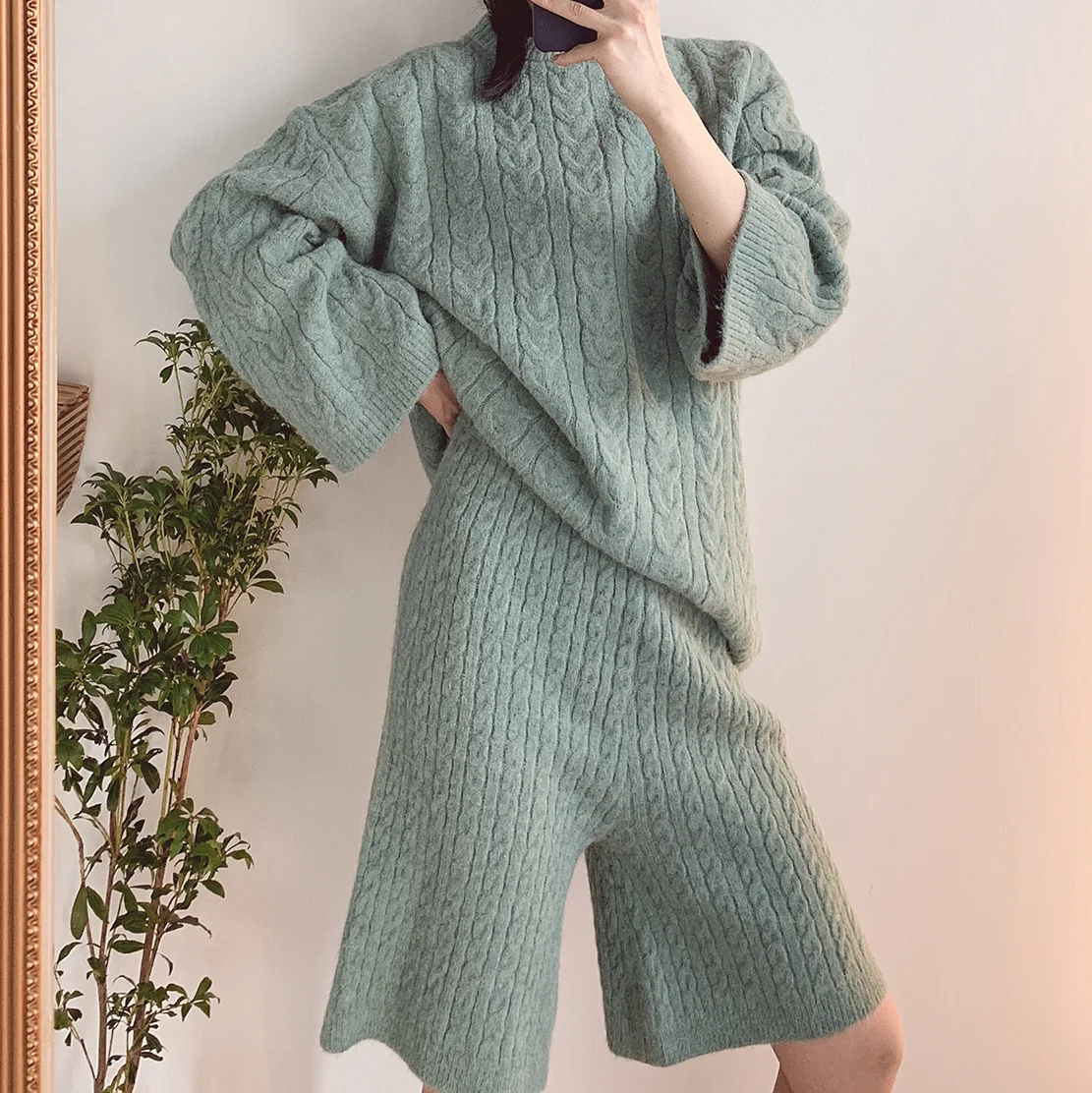 Костюм из 2 предметов, женский свитер с круглым вырезом, свободный короткий свитер, штаны, женский осенний зимний винтажный свитер, Женский Топ, Корейская женская одежда