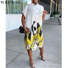 WEPBEL Short Sleeve Single Breasted Shirt Dress Women's Casual Graffiti Print Loose Dress Summer Turn-down Collar Pocket Dress