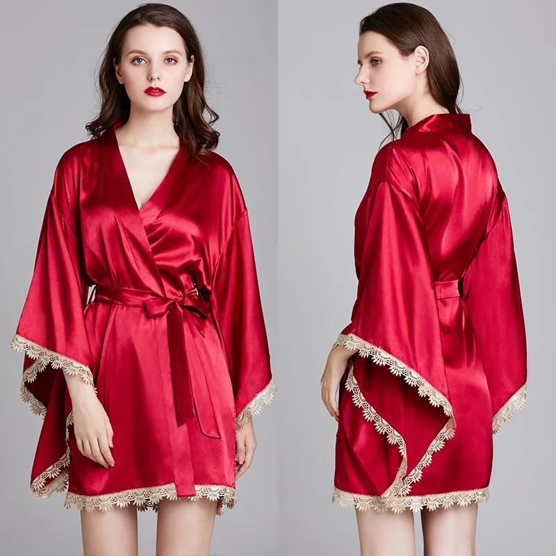 Samwestart pajamas ladies spring summer silk gown wedding robe wide sleeve cardigan bridal morning satin robes women | Женская одежда