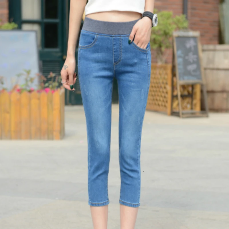 26-40, летние джинсовые Капри, Стрейчевые обтягивающие джинсы, женские джинсы с высокой талией, женские повседневные укороченные узкие джинсовые брюки