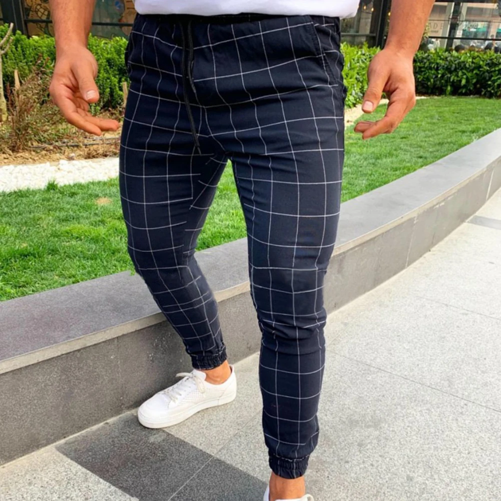 Модные брюки мужские клетчатые с принтом на шнурке эластичные повседневные узкие брюки