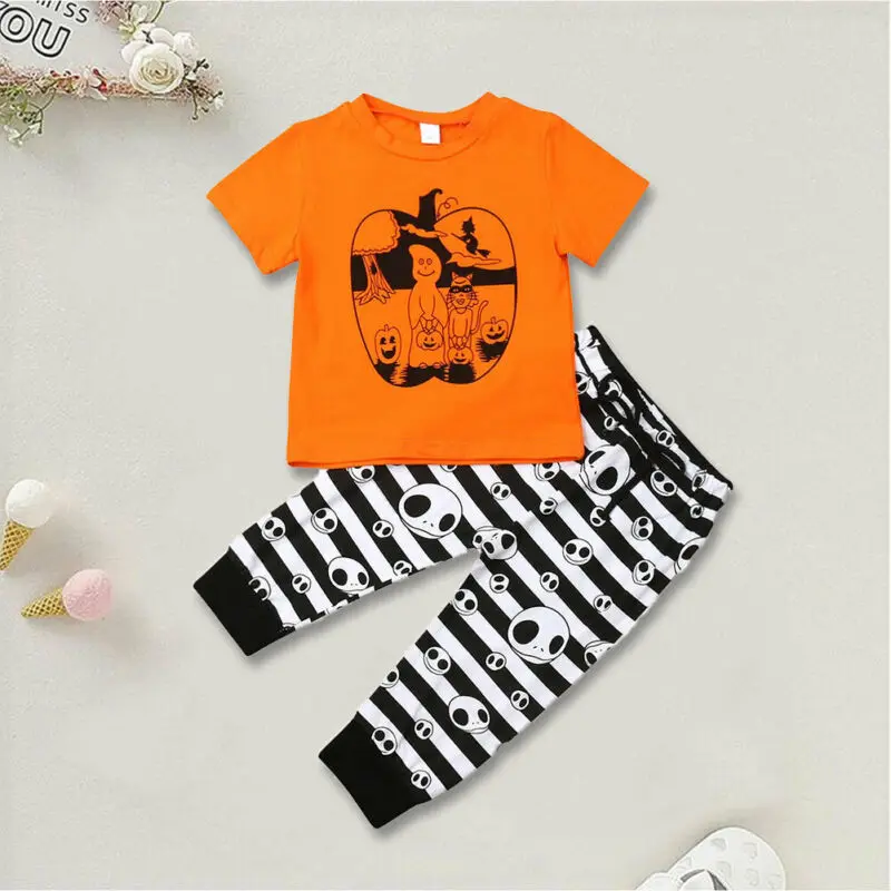 2019 Brand Newborn Baby Boy Girl Halloween Pumpkin Top T-shirt Stripe Pants Clothes Sets Casual Costume Outfits