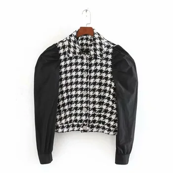 

2020 Spring Women's New Lapel Collar Contrast Stitching Long-Sleeve Faux Jewelry Button Top Tweed Panel Top 04886050084
