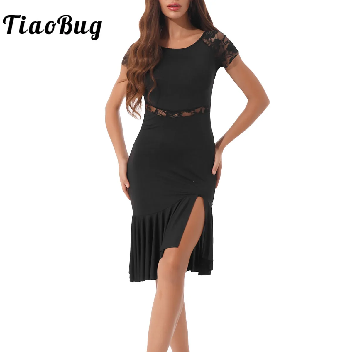 Women Latin Ballroom Dance Dress Professional Lace Patchwork Sides Split Swing Dresses Irregular Tango Chacha Dancewear | Тематическая