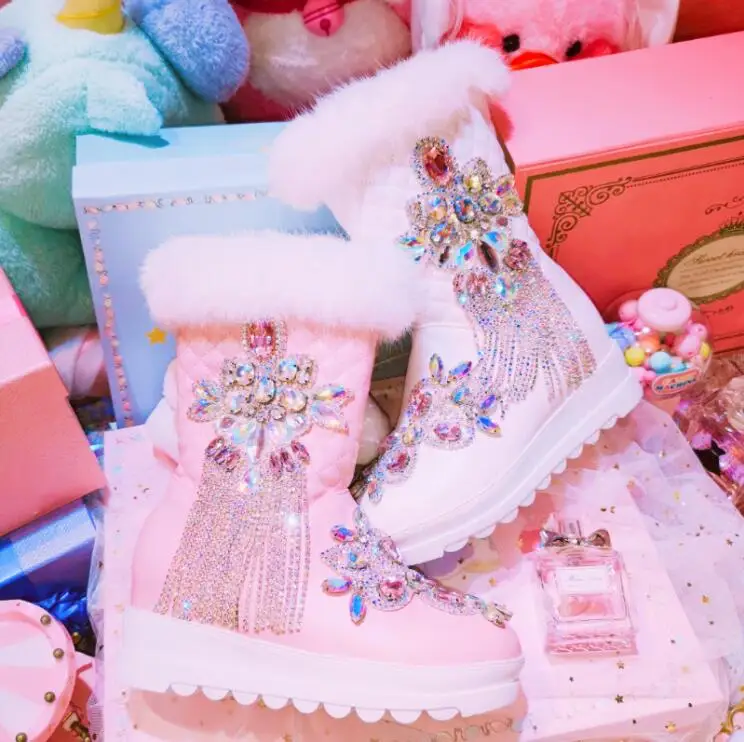 Женская обувь; женские ботинки; толстые зимние сапоги; Новинка года; зимние сапоги с кисточками и милыми кроличьими мехом на толстой подошве; X97