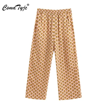 

Stylish Chic Geometric Print Wide Leg Pants Women High Elastic Waist Pockets Female Loose Ankle Trousers Pantalones Mujer