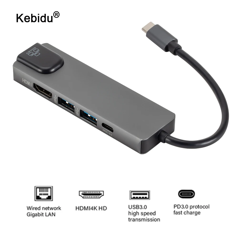 

4K USB C Hub to Gigabit Ethernet Rj45 Lan 5 in 1 USB Type C Hub Hdmi Adapter for Mac book Pro Thunderbolt 3 USB-C Charger PD