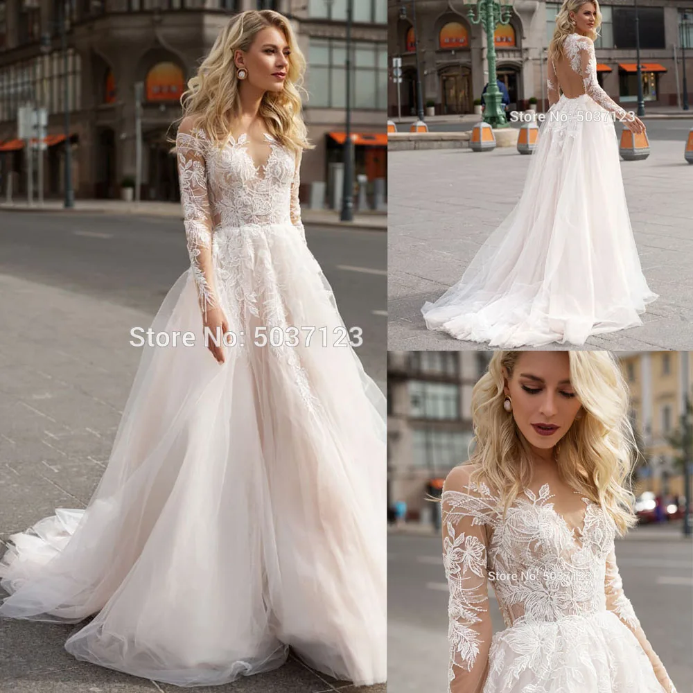 

Long Sleeves Wedding Dresses A Line Lace Appliques Scoop Bridal Gown Floor Length Backless Vestido De Noiva Custom
