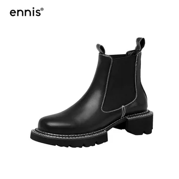 

ENNIS Platform Chelsea Boots Black Leather Ankle Boots Women Shoes Martins Genuine Leather Autumn Winter Boots Big Size A0132
