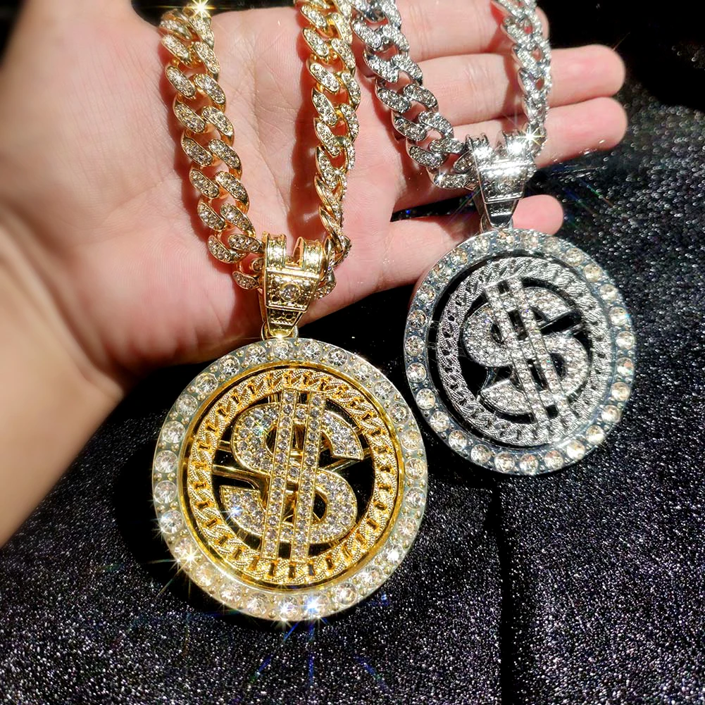 Collana con Ciondolo Dollaro Hip Hop, Catena con Cristalli e Collana con Ciondolo Dollaro Hip Hop, Catena con Cristalli e