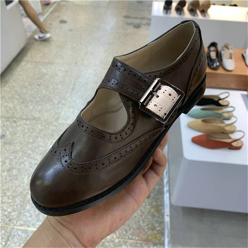 Женские туфли на плоской подошве; сезон весна-лето; Туфли-оксфорды; коллекция года; натуральная кожа; плоская подошва; модная обувь для женщин; броги; обувь с пряжкой - Цвет: deep brown
