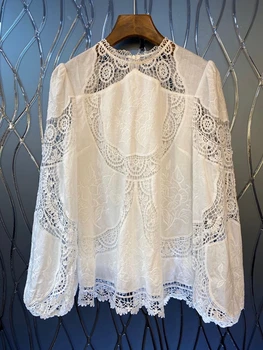 

2020 spring and summer new women's lace embroidery hollow decoration solid color wild long-sleeved top 521