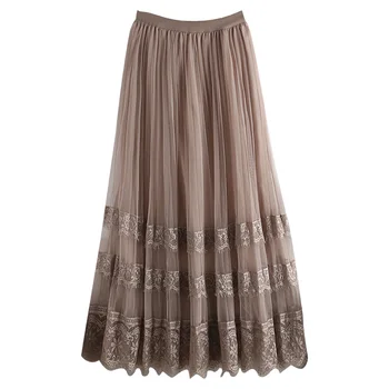 

Women High Waist Yarm Skirts 2020 Solid Lace Patchwork Clothes Mujer Faldas Fashion Summer Long Elastic Waist Chiffon Skirt w126