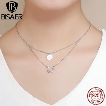 

BISAER 925 Sterling Silver Round and Lucky Horseshoe Double Layers Link Necklace Fashion Women Chic Fine Jewelry Gift HSN235