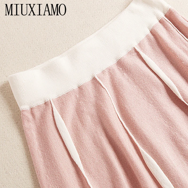 MIUXIMAO/ осенний костюм-Двойка для женщин, офисные женские Элегантные вязаные костюмы, пуловер Топ+ эластичная резинка на талии, комплект средней длины, удлиненная юбка